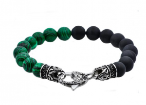 Men's Genuine Malacite And Onyx Stainless Steel Beaded Bracelet With Black Cubic Zirconia