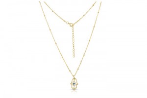 Sterling Silver Yellow Gold Plated Hamsa & Evil Eye Necklace With CZ 16+2"