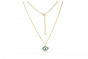 Sterling Silver Yellow Gold Plated Evil Eye Necklace With Enamel & CZ 16+2"
