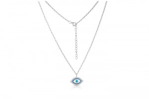 Sterling Silver Rhodium Plated Evil Eye Necklace With Enamel & CZ 16+2"