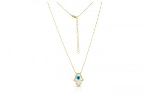 Sterling Silver Yellow Gold Plated Hamsa Necklace With Mother Of Pearl 16+2"