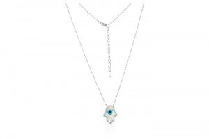 Sterling Silver Rhodium Plated Hamsa Necklace With Mother Of Pearl 16+2"