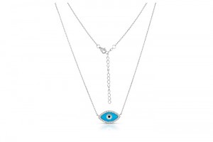 Sterling Silver Rhodium Plated Evil Eye Necklace With Turquoise & CZ 16+2"