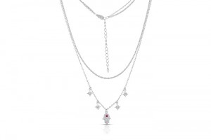 Sterling Silver Rhodium Plated 2 Layers Hamsa & Star Necklace With CZ 16+14+2"