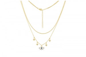 Sterling Silver Yellow Gold Plated 2 Layers Evil Eye & Star Necklace With CZ 16+14+2"