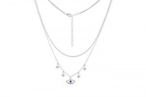 Sterling Silver Rhodium Plated 2 Layers Evil Eye & Star Necklace With CZ 16+14+2"