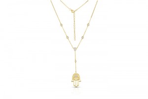 Sterling Silver Yellow Gold Plated Hamsa Lariat Necklace With CZ 16+2"