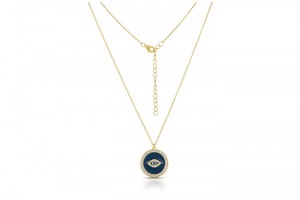 Sterling Silver Yellow Gold Plated Evil Eye Disk Necklace With Enamel & CZ 16+2"