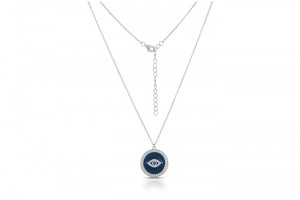 Sterling Silver Rhodium Plated Evil Eye Disk Necklace With Enamel & CZ 16+2"