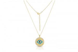 Sterling Silver Yellow Gold Plated Evil Eye Disk Necklace With Enamel & CZ 16+2"