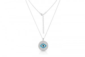 Sterling Silver Rhodium Plated Evil Eye Disk Necklace With Enamel & CZ 16+2"