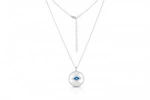 Sterling Silver Rhodium Plated Evil Eye Necklace With Mother Of Pearl Enamel & CZ 16+2"