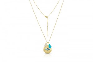 Sterling Silver Yellow Gold Plated Evil Eye Disk Necklace With Turquoise & CZ 20+2"