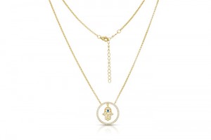 Sterling Silver Yellow Gold Plated Hamsa Necklace With CZ 16+2"
