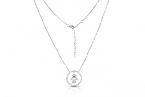 Sterling Silver Rhodium Plated Hamsa Necklace With CZ 16+2"