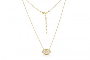 Sterling Silver Yellow Gold Plated Evil Eye Necklace With Mother Of Pearl & CZ 16+2"