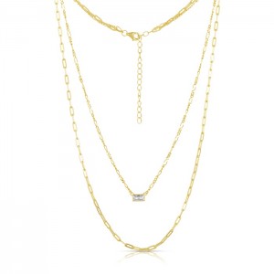 Sterling Silver Yellow Gold Plated 3 Layers Necklace With Emerald Cut CZ 