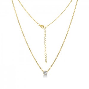 Sterling Silver Yellow Gold Plated Cushion Shape Bezel Setting Solitaire CZ Necklace 16+2"