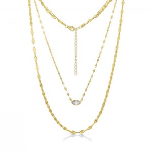 Sterling Silver Yellow Gold Plated 3 Layers Necklace With Marquise Cut CZ 
