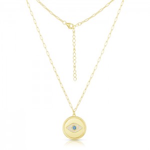 Sterling Silver Yellow Gold Plated Evil Eye Disk Necklace With CZ 16+2"