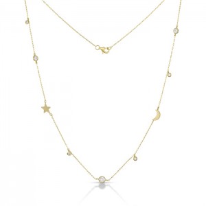 Sterling Silver Yellow Gold Plated Star & Moon Charm Necklace With CZ