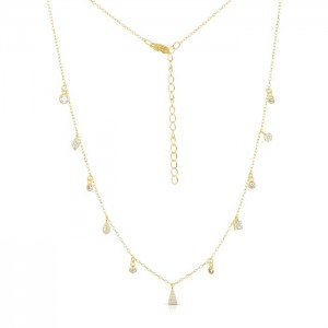 Sterling Silver Yellow Gold Plated Multishape Charm Necklace With CZ 16+2"