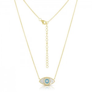 Sterling Silver Yellow Gold Plated Evil Eye Necklace With Mother Of Pearl Enamel & CZ 16+2"