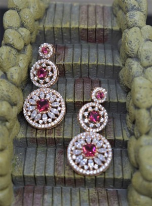 925 Sterling Silver Rose Gold Plated Cubic Zirconia and Ruby Chandelier Earrings