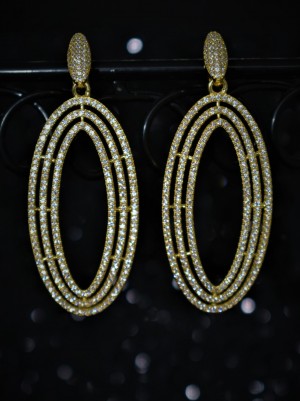 925 Sterling Silver Chandelier Earrings Yellow Gold Plated With White Cubic Zirconia