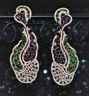 925 Sterling Silver Chandelier Earrings Rose Gold Plated With White Cubic Zirconia Sapphire and Emerald