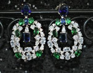 925 Sterling Silver Chandelier Earrings With White Cubic Zirconia Emerald and Sapphire