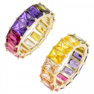 925 Sterling Silver Yellow Gold Plated Baguette Cut Rainbow Multi Color Cubic Zirconia Eternity Band 