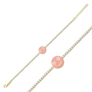 Sterling Silver Yellow Gold Plated Love Heart Smiley Face Tennis Bracelet With Baby Pink Enamel & Cubic Zirconia