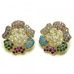 Gold Filled Stud Earrings Flower Design with White and Multicolor Cubic Zirconia,Polished Golden Finish