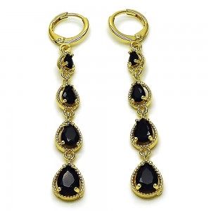 Gold Filled Long Earrings Teardrop Design with Black Cubic Zirconia Polished Golden Finish