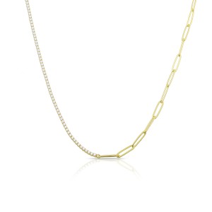 Sterling Silver Yellow Gold Plated Tennis & Paper Clip Choker Necklace With White Cubic Zirconia