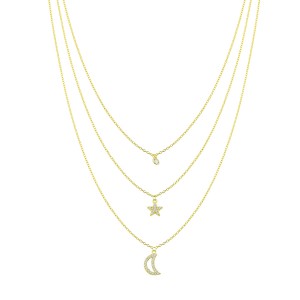 Sterling Silver Yellow Gold Plated 3 Layers Star & Moon Necklace With CZ
