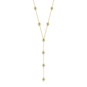 Sterling Silver Yellow Gold Plated Evil Eye Lariat Necklace With Turquoise & Clear CZ