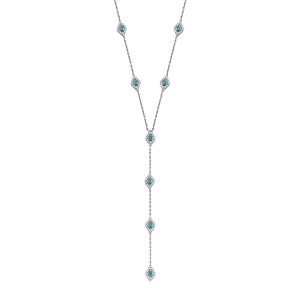 Sterling Silver Rhodium Plated Evil Eye Lariat Necklace With Turquoise & Clear CZ