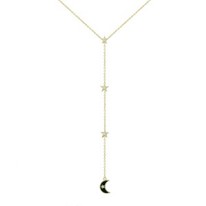 Sterling Silver Yellow Gold Plated Star & Moon Lariat Necklace With Enamel & CZ