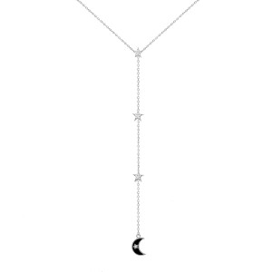 Sterling Silver Rhodium Plated Star & Moon Lariat Necklace With Enamel & CZ