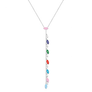 Sterling Silver Rhodium Plated Evil Eye Lariat Charm Necklace With Multicolor Enamel & CZ