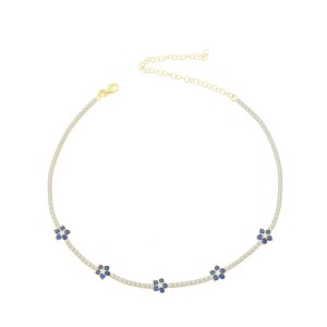 Sterling Silver Yellow Gold Plated Flower Station Tennis Necklace With Sapphire & White Cubic Zirconia