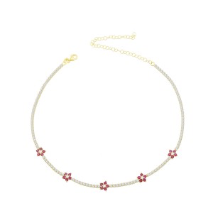 Sterling Silver Yellow Gold Plated Flower Station Tennis Necklace With Ruby & White Cubic Zirconia