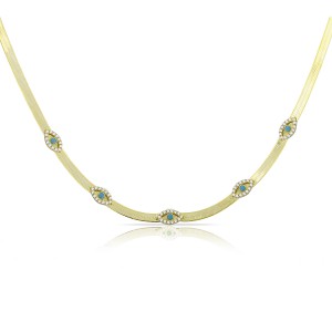 Sterling Silver Yellow Gold Plated Evil Eye Charm Herringbone Necklace With Turquoise & White Cubic Zirconia