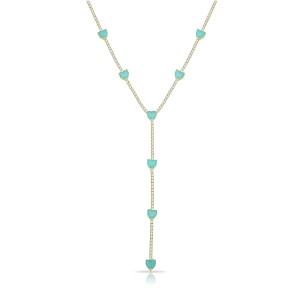 Sterling Silver Yellow Gold Plated Lariat Heart Necklace With Mint Green & White Cubic Zirconia
