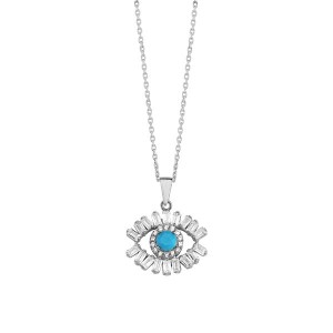 Sterling Silver Rhodium Plated Evil Eye Necklace With Turquoise & CZ