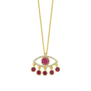 Sterling Silver Yellow Gold Plated Evil Eye Necklace With Ruby & Clear CZ