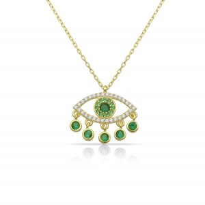 Sterling Silver Yellow Gold Plated Evil Eye Necklace With Emerald & Clear CZ