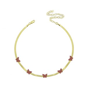 Sterling Silver Yellow Gold Plated Butterfly Charm Herringbone Necklace With Ruby Cubic Zirconia